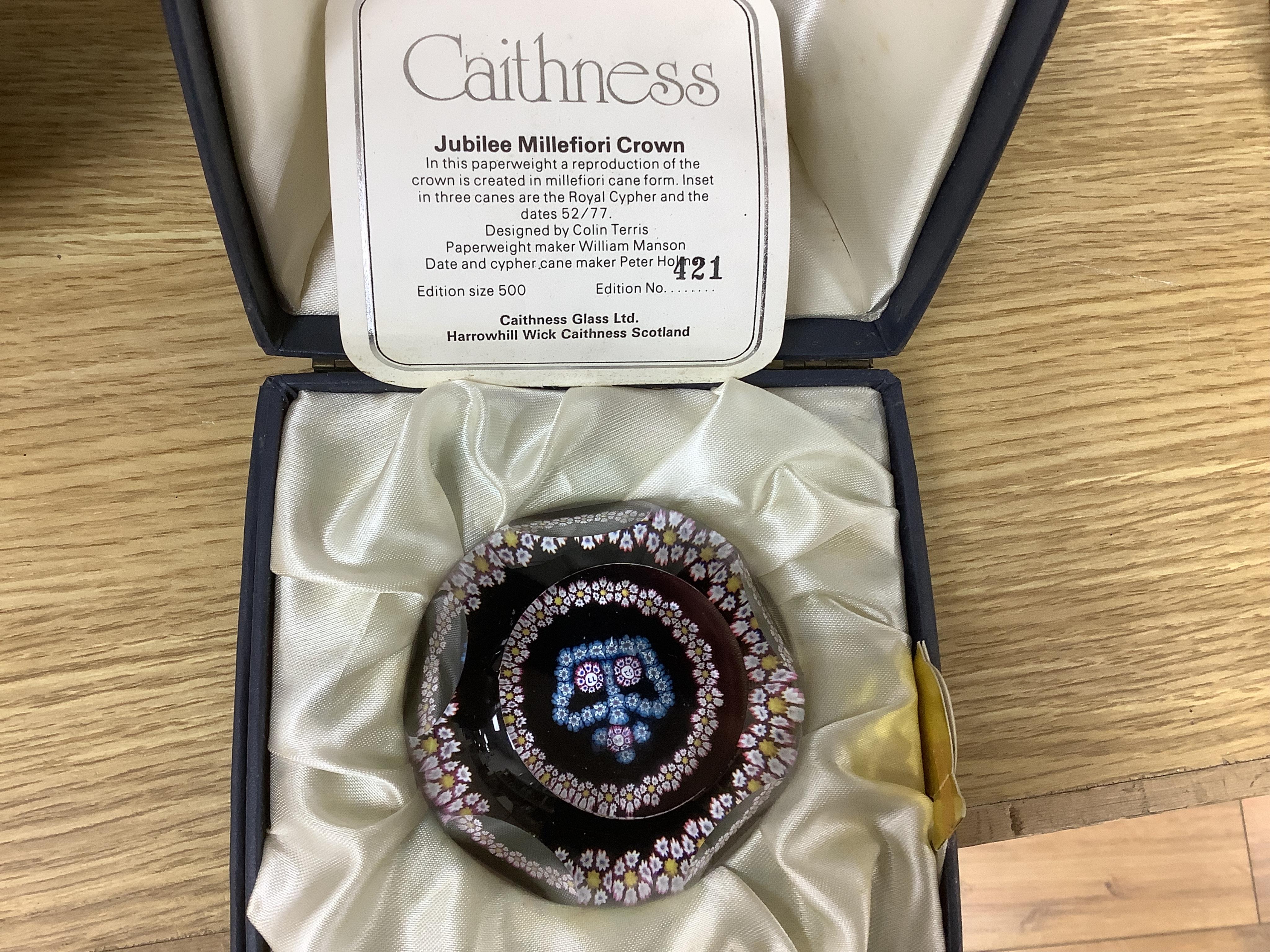 A collection of boxed Whitefriars and Caithness paperweights and others (10)
